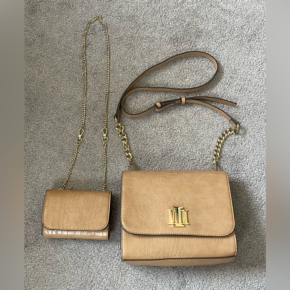 INC tan faux leather purse with matching chained coin purse